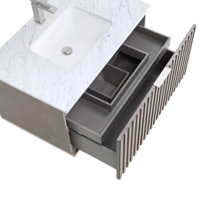 Terra 36" Wallmount Bathroom Vanity, Greywash with Carrara Marble top