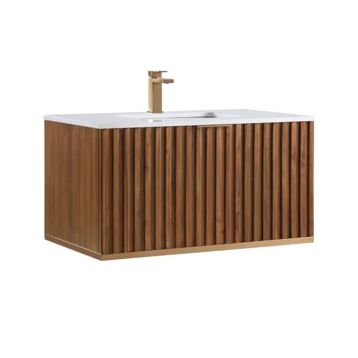 Terra 36" Wallmount Bathroom Vanity, Walnut and Satin Brass with White Quartz