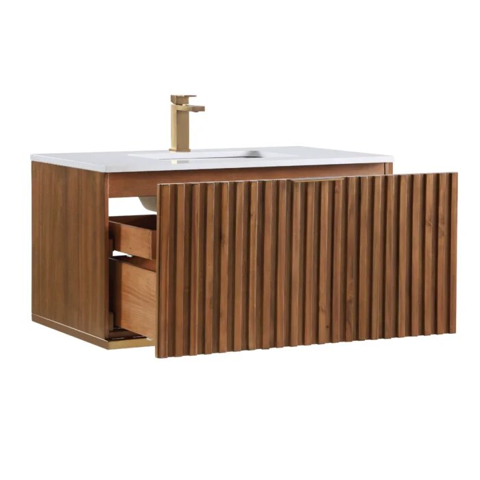 Terra 36" Wallmount Bathroom Vanity, Walnut and Satin Brass with White Quartz