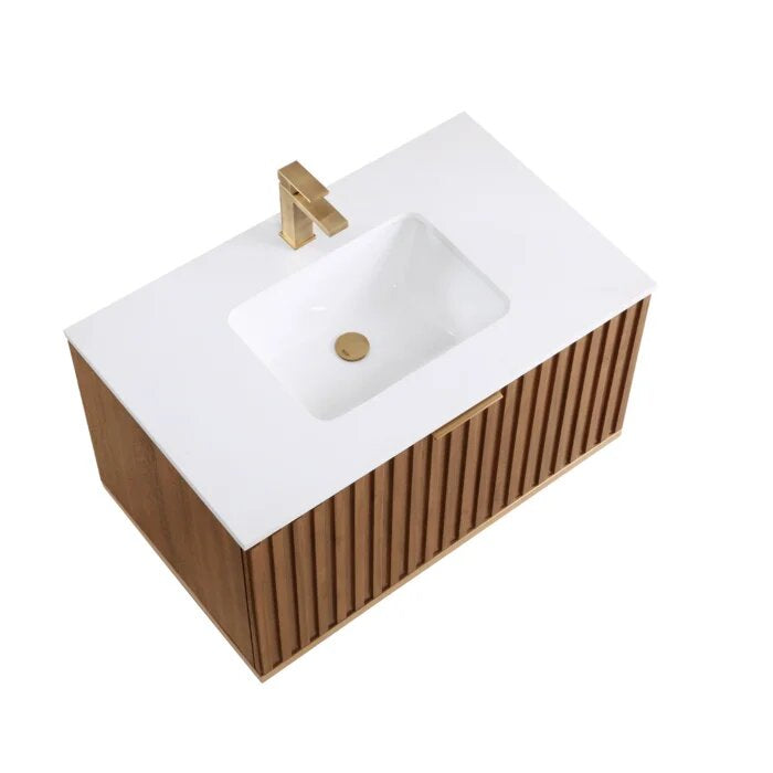 Terra 36" Wallmount Bathroom Vanity, Walnut and Satin Brass with White Quartz