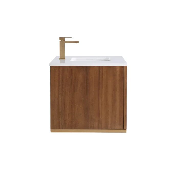 Terra 36" Wallmount Bathroom Vanity, Walnut and Satin Brass with White Quartz