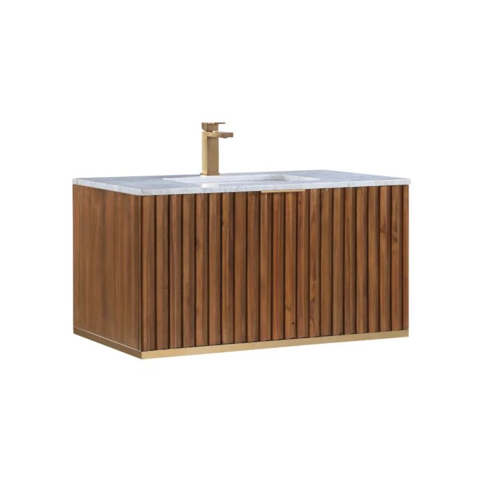 Terra 36" Wallmount Bathroom Vanity, Walnut and Satin Brass with Carrara Marble