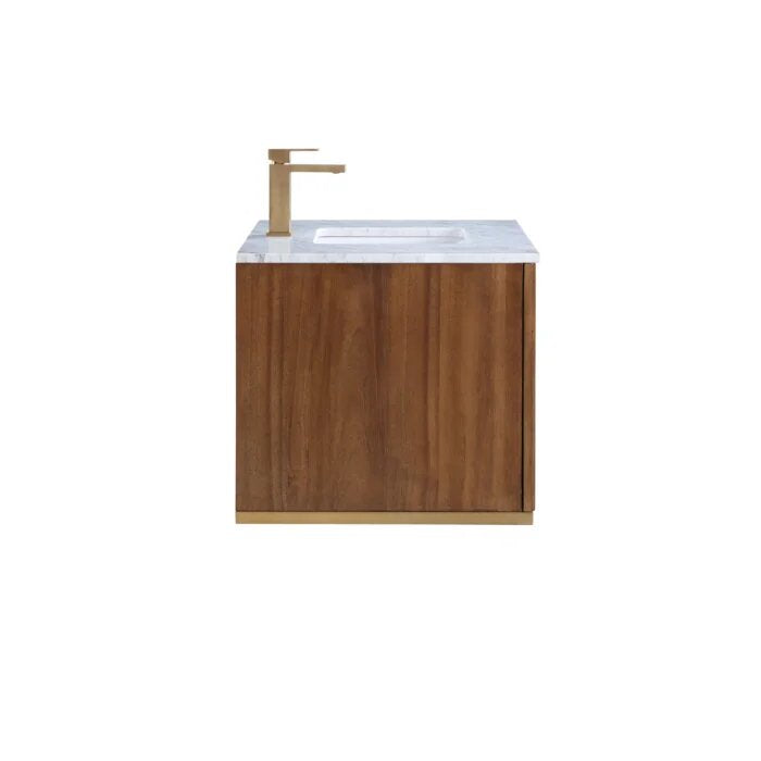 Terra 36" Wallmount Bathroom Vanity, Walnut and Satin Brass with Carrara Marble