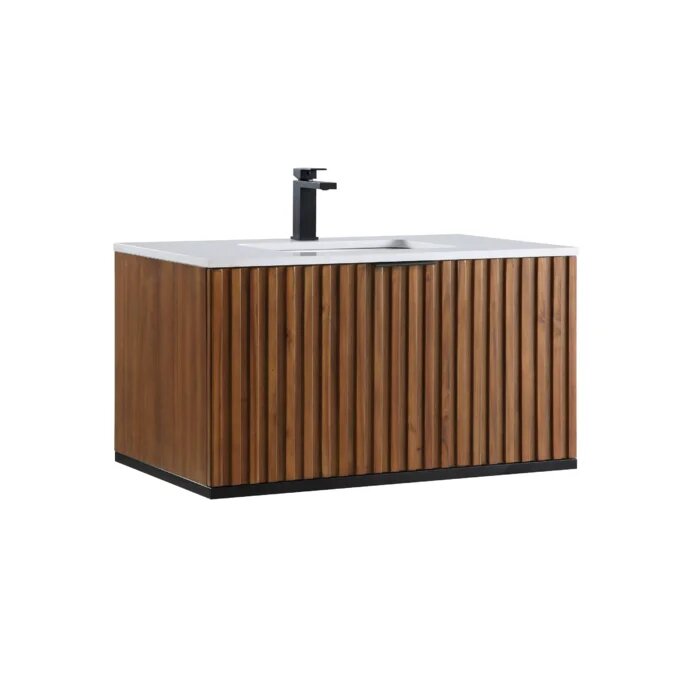 Terra 36" Wallmount Bathroom Vanity, Walnut and Matte Black with White Quartz