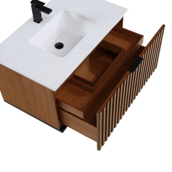 Terra 36" Wallmount Bathroom Vanity, Walnut and Matte Black with White Quartz