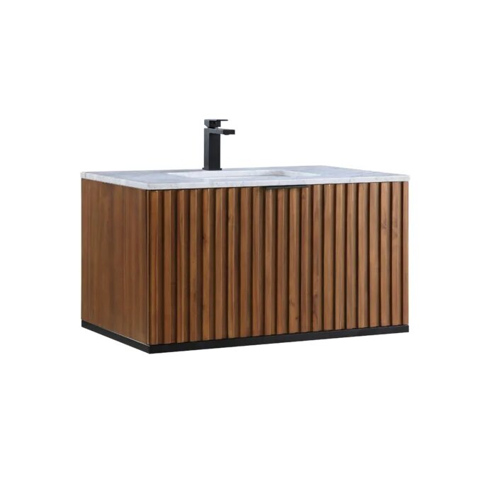 Terra 36" Wallmount Bathroom Vanity, Walnut and Matte Black with Carrara Marble