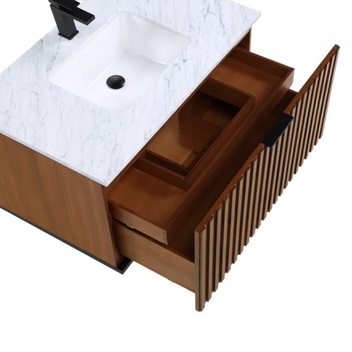 Terra 36" Wallmount Bathroom Vanity, Walnut and Matte Black with Carrara Marble