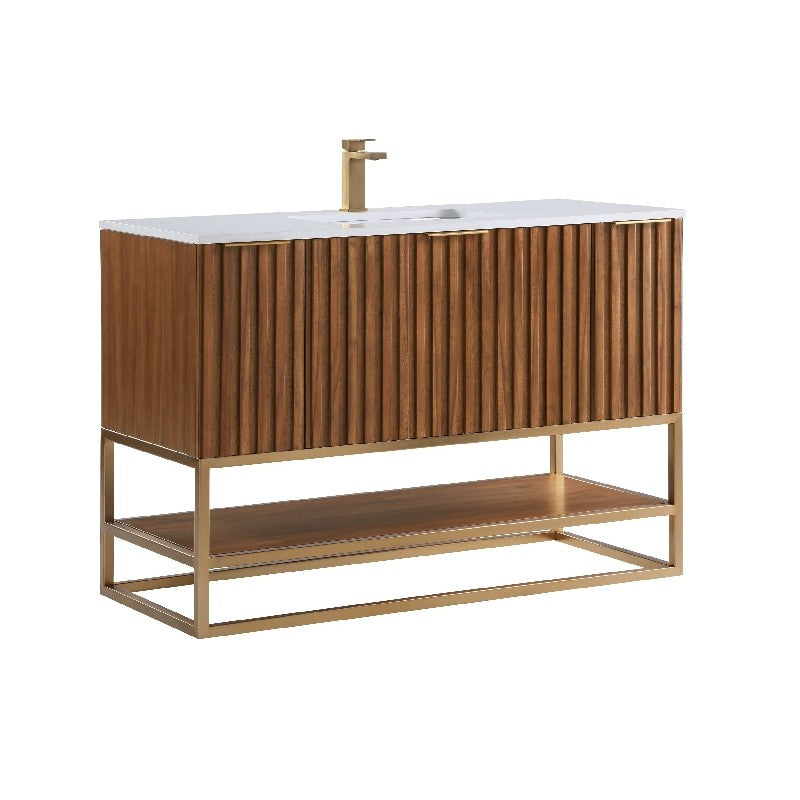 Terra 48" Bathroom Vanity, Walnut and Satin Brass with White Quartz top