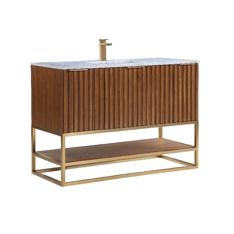 Terra 48" Bathroom Vanity, Walnut and Satin Brass with Carrara Marble top