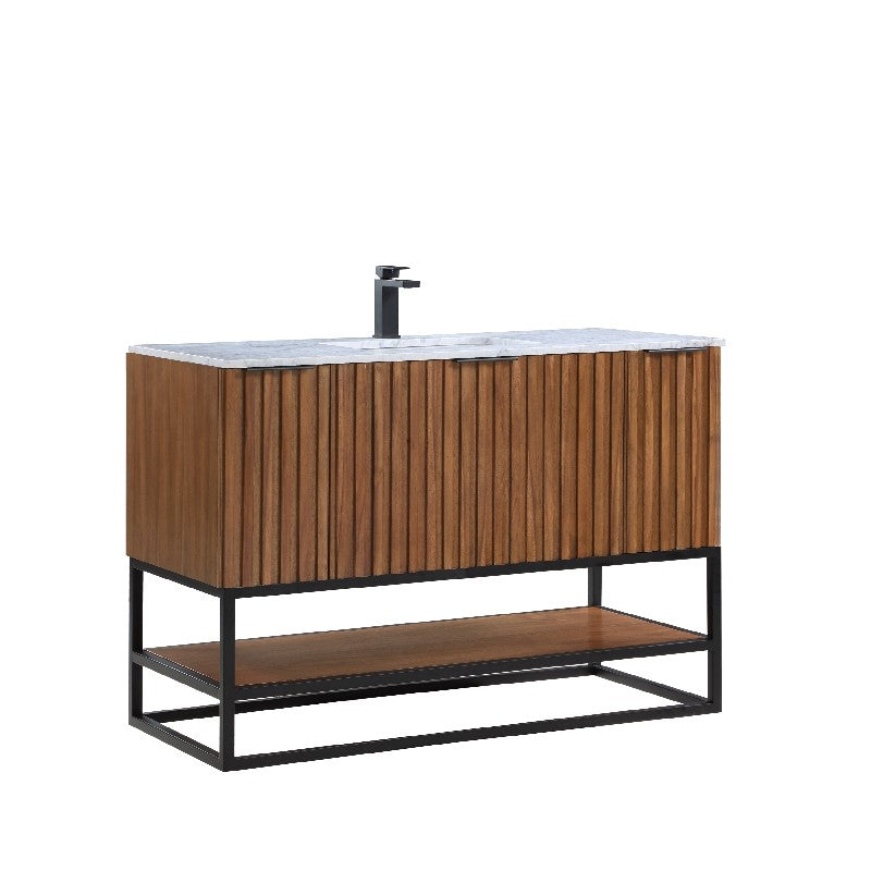 Terra 48" Bathroom Vanity, Walnut and Matte Black with Carrara Marble top