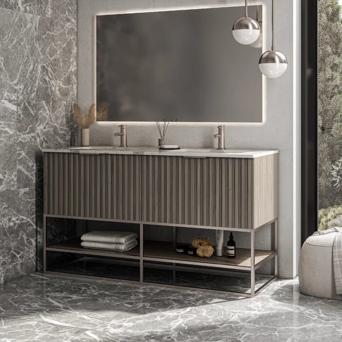 Terra 60" Bathroom Vanity, Greywash with Carrara Marble top