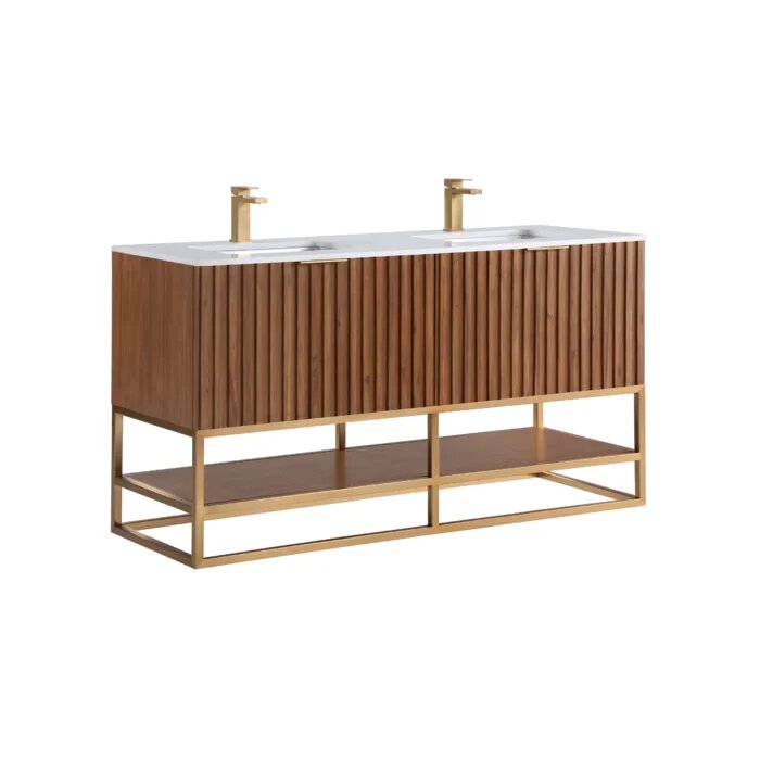 Terra 60" Bathroom Vanity, Walnut and Satin Brass with White Quartz top