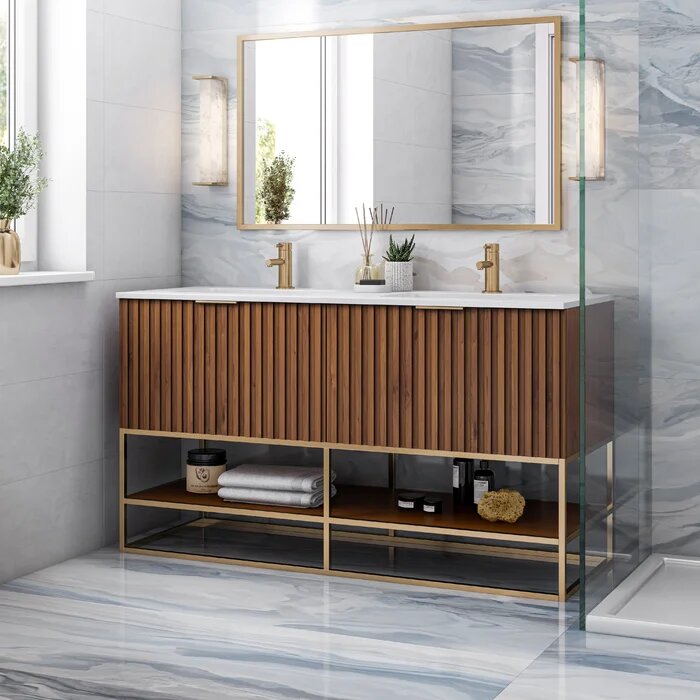 Terra 60" Bathroom Vanity, Walnut and Satin Brass with White Quartz top