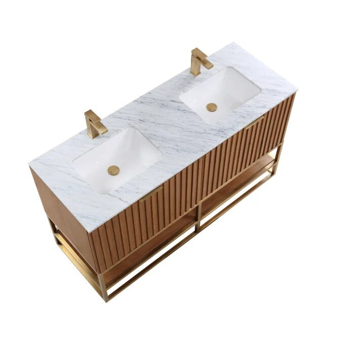 Terra 60" Bathroom Vanity, Walnut and Satin Brass with Carrara Marble top