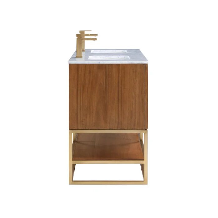 Terra 60" Bathroom Vanity, Walnut and Satin Brass with Carrara Marble top