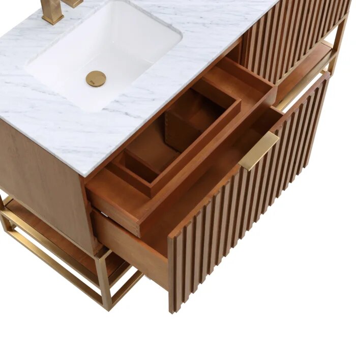 Terra 60" Bathroom Vanity, Walnut and Satin Brass with Carrara Marble top