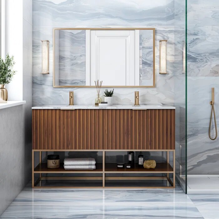 Terra 60" Bathroom Vanity, Walnut and Satin Brass with Carrara Marble top