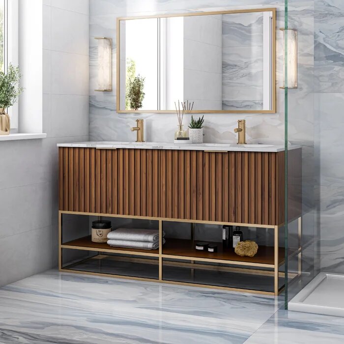 Terra 60" Bathroom Vanity, Walnut and Satin Brass with Carrara Marble top