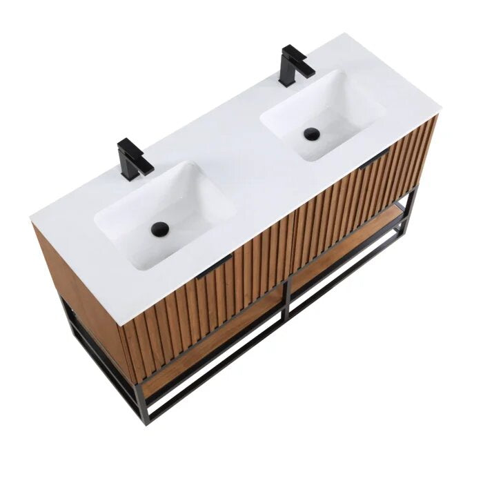 Terra 60" Bathroom Vanity, Walnut and Matte Black with White Quartz top