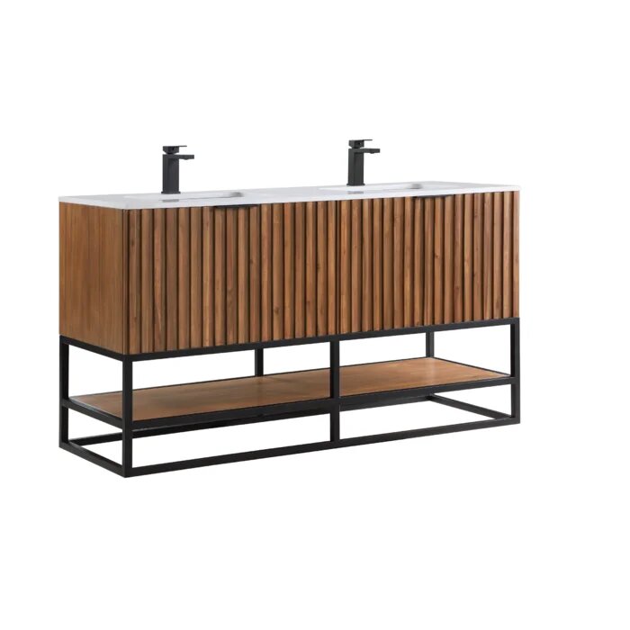 Terra 60" Bathroom Vanity, Walnut and Matte Black with White Quartz top