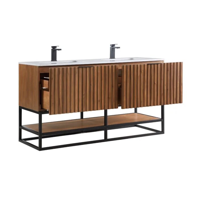 Terra 60" Bathroom Vanity, Walnut and Matte Black with White Quartz top