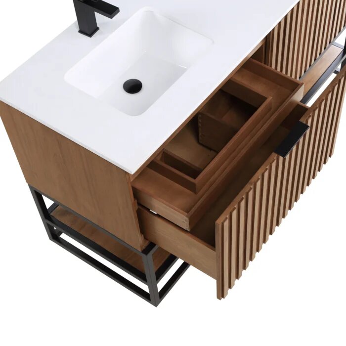 Terra 60" Bathroom Vanity, Walnut and Matte Black with White Quartz top