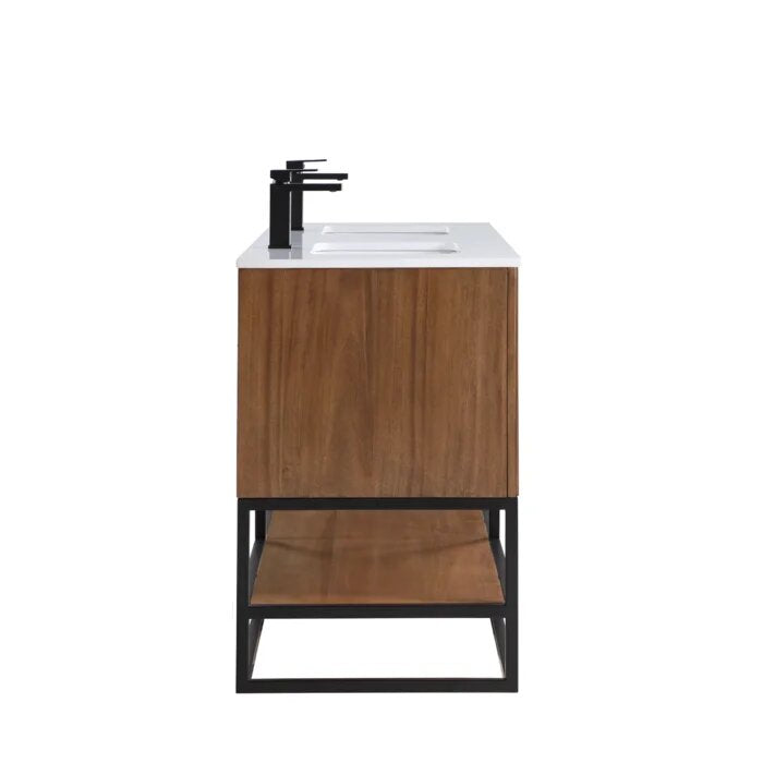 Terra 60" Bathroom Vanity, Walnut and Matte Black with White Quartz top