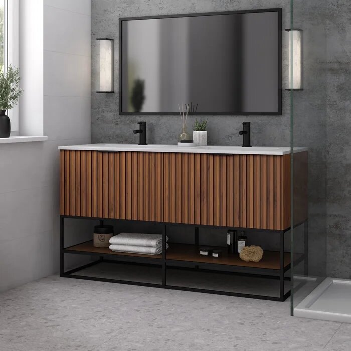 Terra 60" Bathroom Vanity, Walnut and Matte Black with White Quartz top