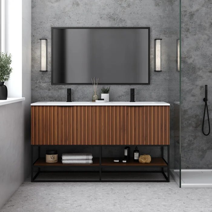 Terra 60" Bathroom Vanity, Walnut and Matte Black with White Quartz top