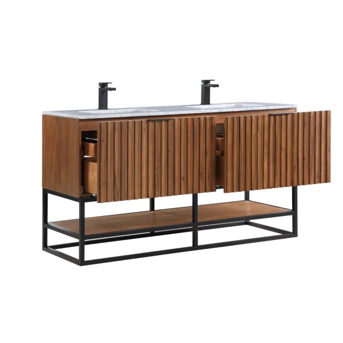 Terra 60" Bathroom Vanity, Walnut and Matte Black with Carrara Marble top