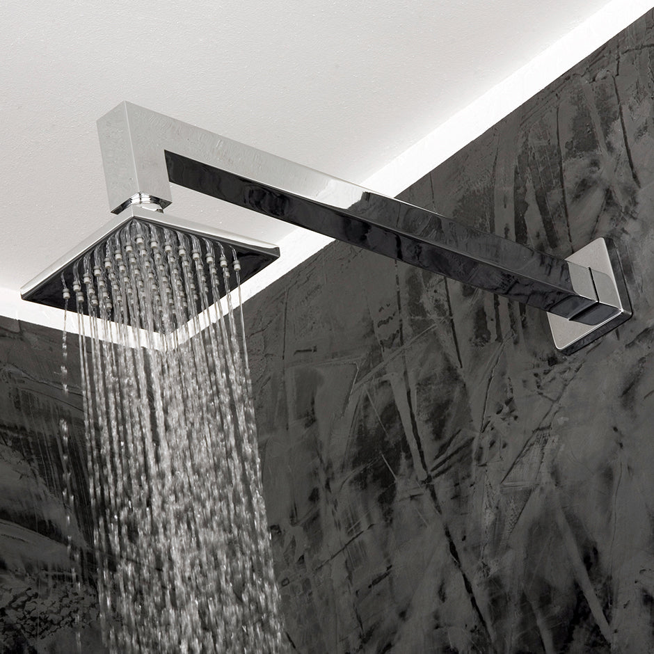 Wall-mount tilting square rain shower head, 64 rubber nozzles. Arm and flange sold separately, 4"W, 4"D, 1 3/4"H