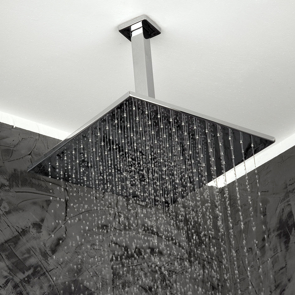 Ceiling-mount tilting square rain shower head, 121 rubber nozzles. Arm and flange sold separately. 12"W, 12"D, 2 1/4"H.