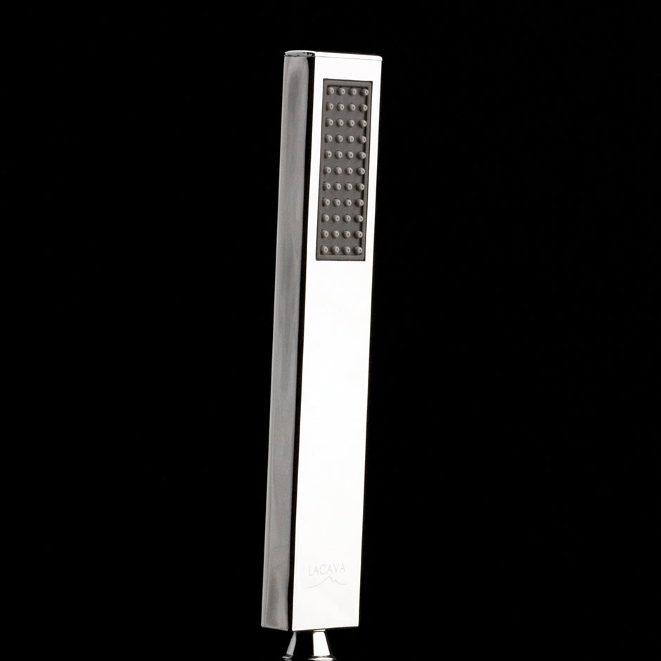 Hand-held rectangular shower head with 59" flexible hose, rain jet. 1 3/8"W, 5/8"D, 8"H.