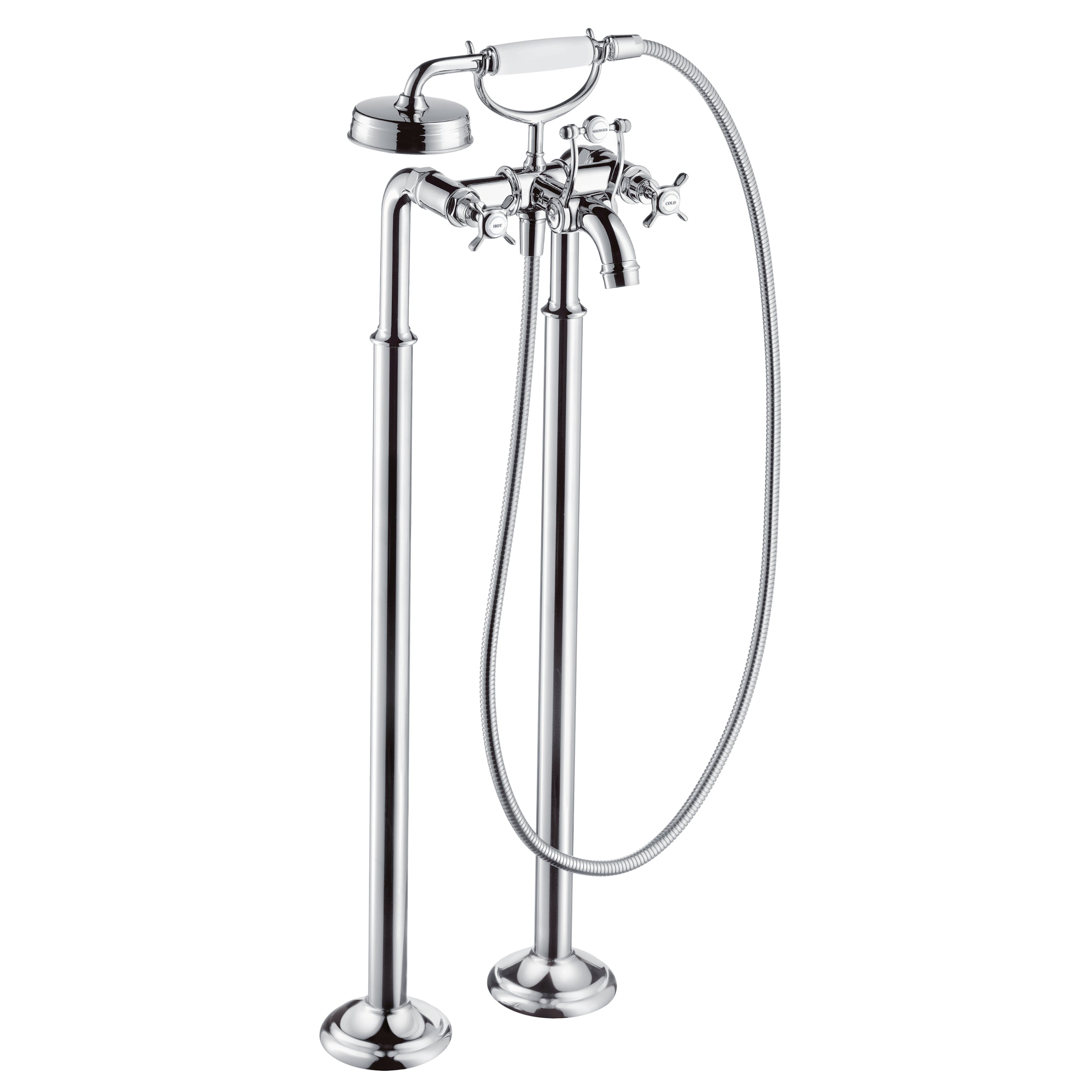 2-Handle Freestanding Tub Filler Trim with Cross Handles and 1.8 GPM Handshower in Multiple Finishes